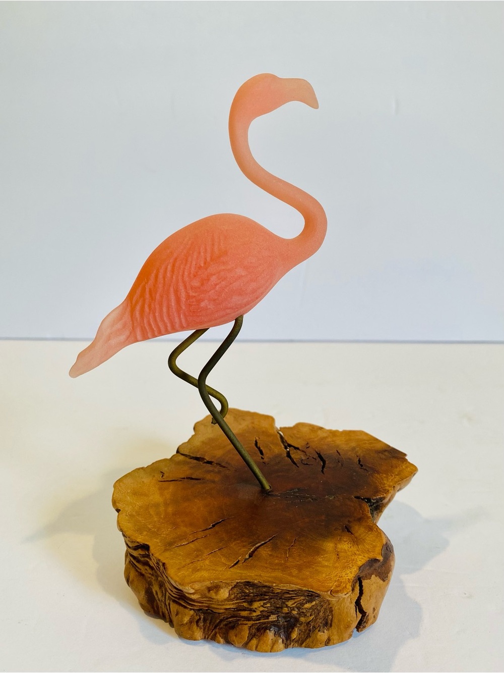Vintage John Perry Pink Flamingo Sculpture on Natural Burl Wood Base